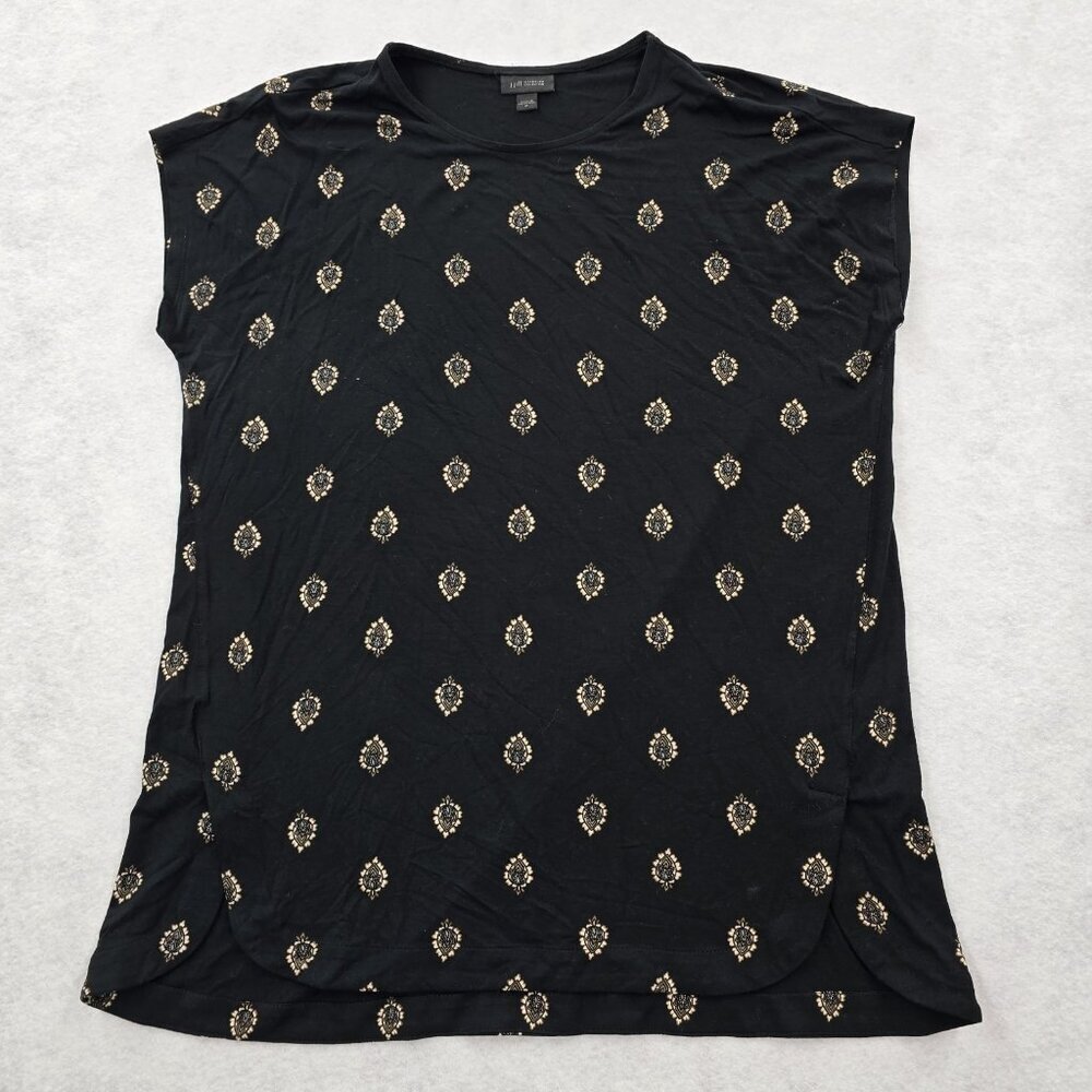 J Jill Wearever Collection Tunic Blouse Top Size M Stretch Tulip Hem Leaf Design